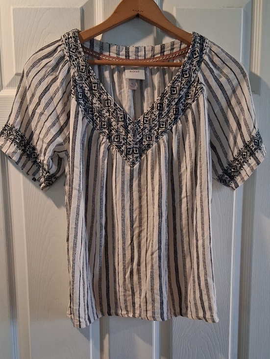 Knox Rose Tops - Knox Rose White & Navy Striped Embroidered V-Neck Blouse
